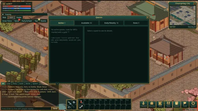 The quest log listing objectives and rewards